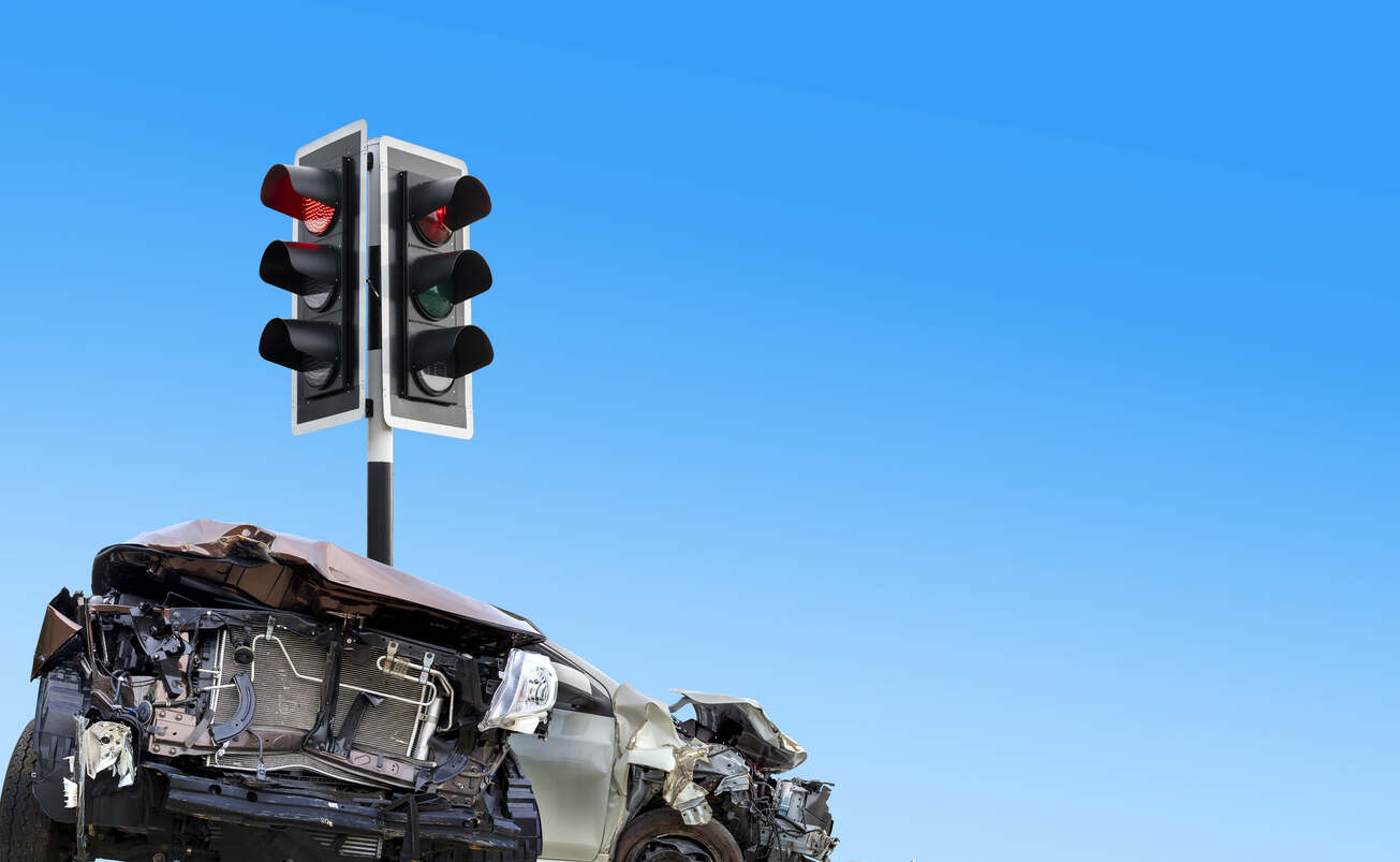 Car accident scene from traffic light violation