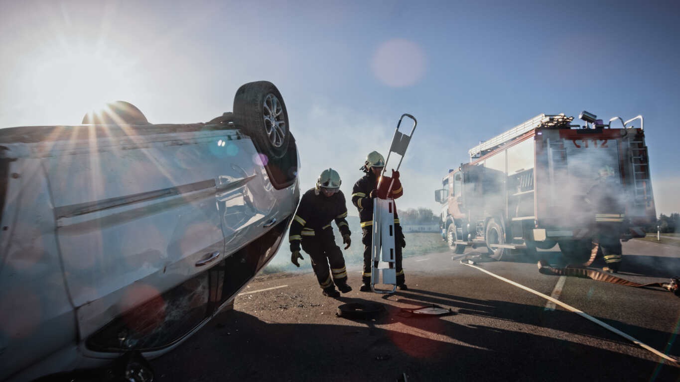 Rescue Team Arrive on roll over Car Crash Traffic Accident Scene