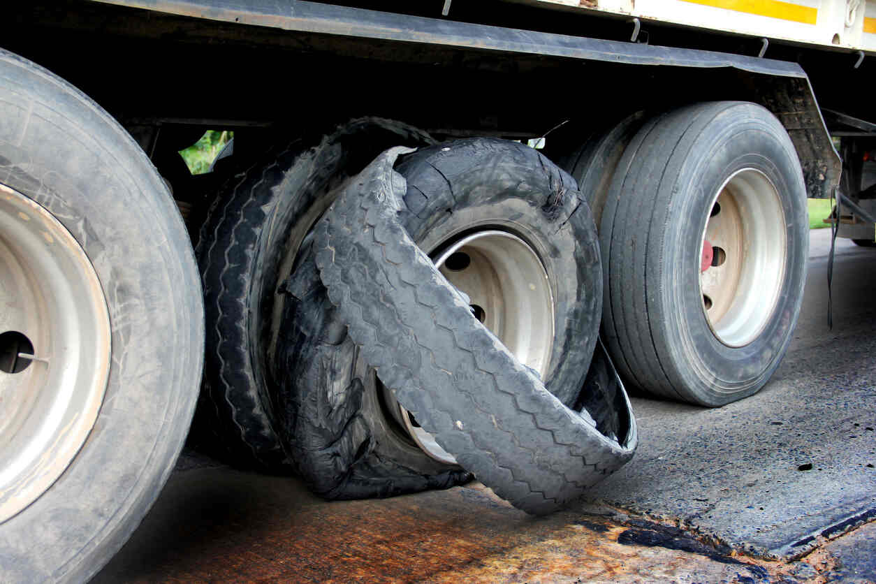 Close-up of a damaged and shredded tire on a large truck.