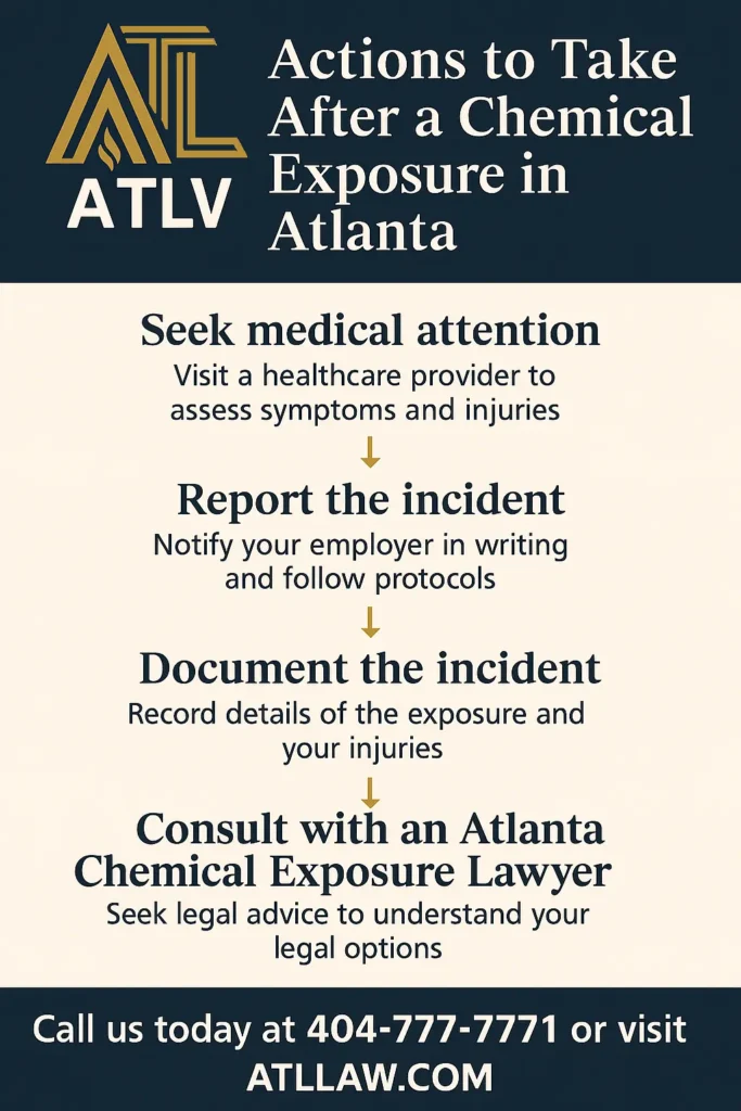 This infographic shows that Steps to take After a Chemical Exposure in Atlanta