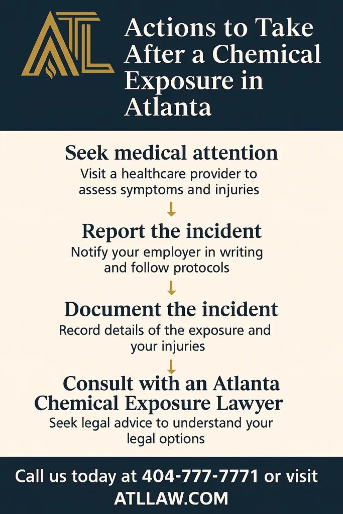 This infographic shows that Actions to Take After a Chemical Exposure in Atlanta