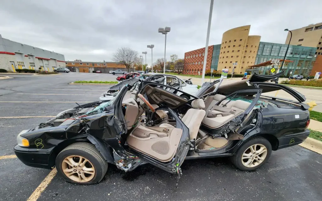 Severely damaged car from a crash, showing defects in safety features.